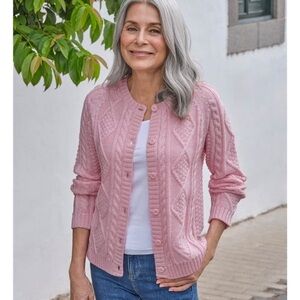 Pink Cable Knit Button-Front Cardigan Sweater